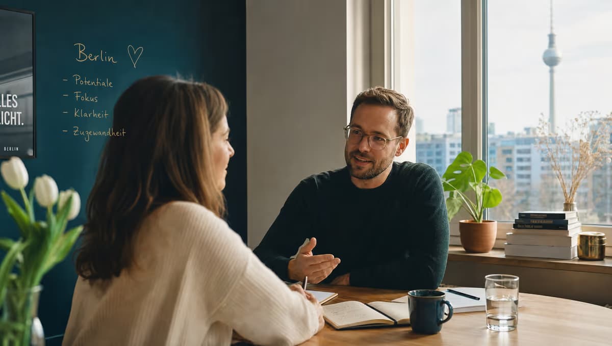 Coaching-Gespräch auf Augenhöhe in hellem Raum
