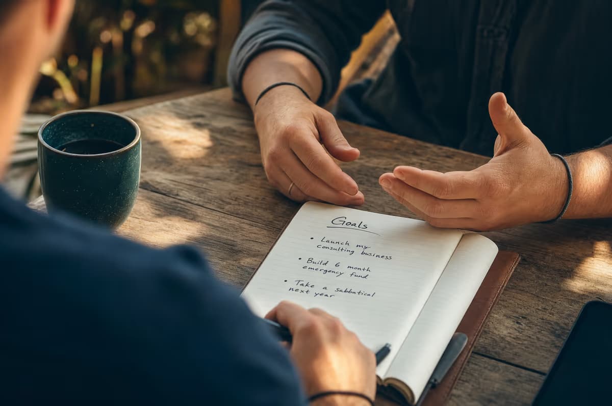 Hände und Notizbuch mit Zielen im Coaching-Gespräch